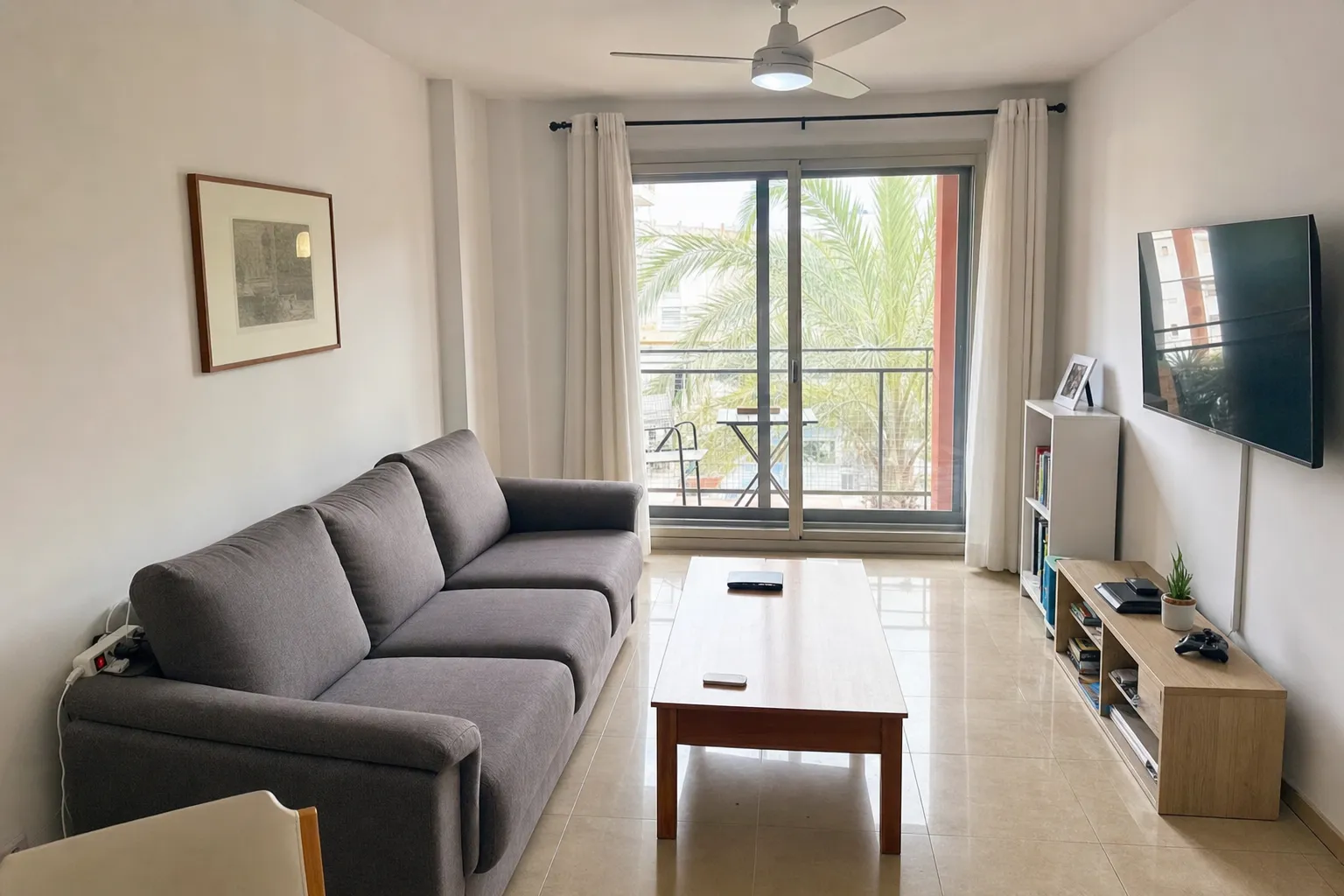 Refreshed living room with new flooring and painted walls
